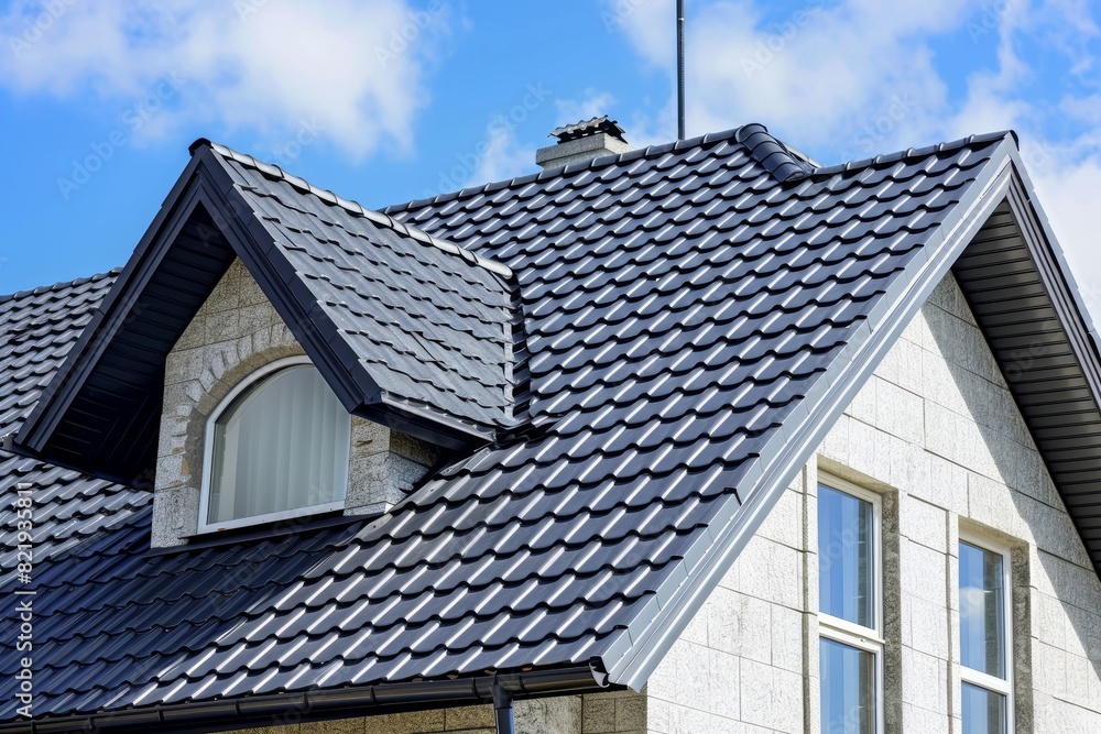 Detailed view of a modern residential roof with black tiles Detailed view of a modern residential roof with black tiles