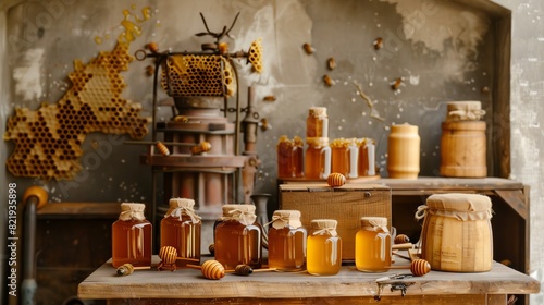 Artisanal honey displayed with vintage beekeeping tools, creating a charming and traditional tableau.