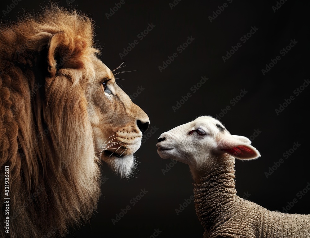Powerful lion and innocent lamb face to face Powerful lion and innocent lamb face to face