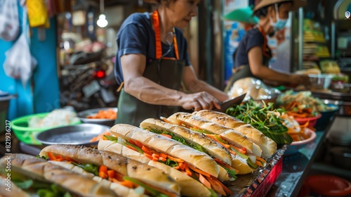 A bustling Vietnamese street food scene with a vendor preparing banh mi, with colorful ingredients and a lively market in the background