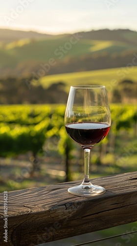 A glass of red wine sits on a wooden railing, with a lush vineyard in the background. The setting sun casts a warm glow over the scene.