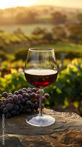 A glass of red wine sits on a stone slab in a lush vineyard. The setting sun casts a warm glow over the grapes and the wine.