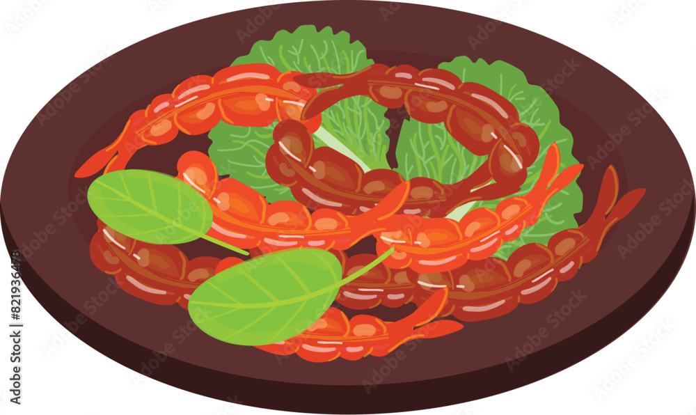 Vector illustration of spaghetti in tomato sauce garnished with basil leaves served on a brown plate Vector illustration of spaghetti in tomato sauce garnished with basil leaves served on a brown plate
