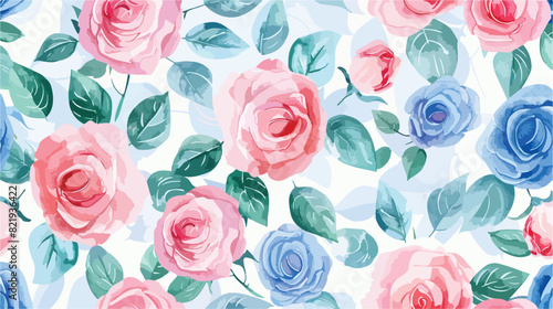 Seamless floral pattern with pink green and blue rose
