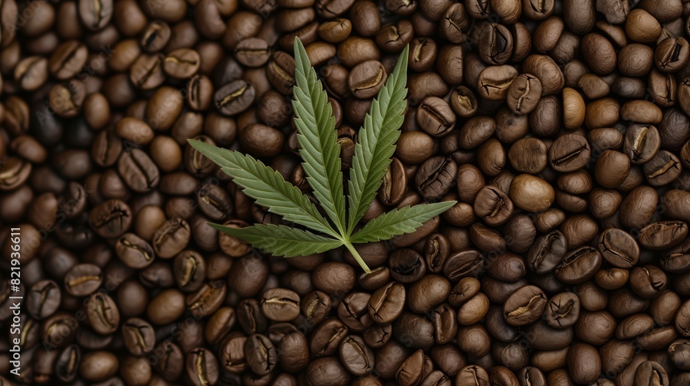 Fototapeta premium Cannabis Leaf on Roasted Coffee Beans Background