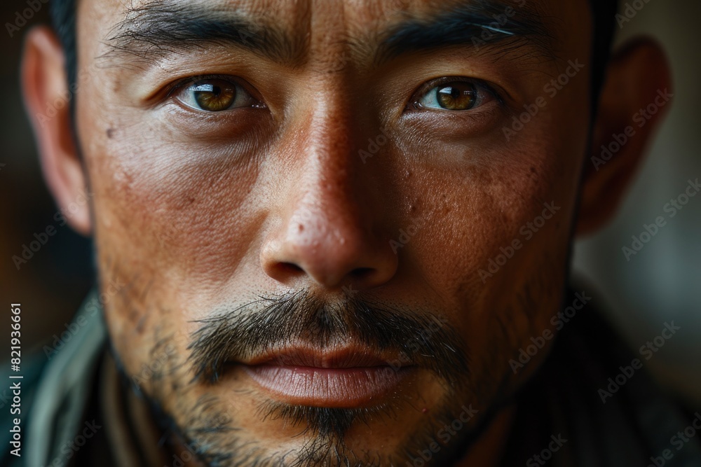 Obraz premium Intense Portrait of a Man with Piercing Eyes and Stubble