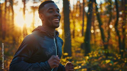 Joyful African American runner exercising in Autumn park during sunlight