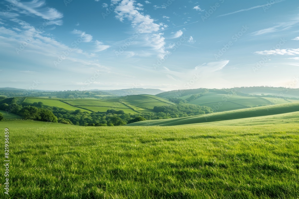 A low angle view of a vast green field with trees and hills in the background, showcasing the natural beauty of rural Wales