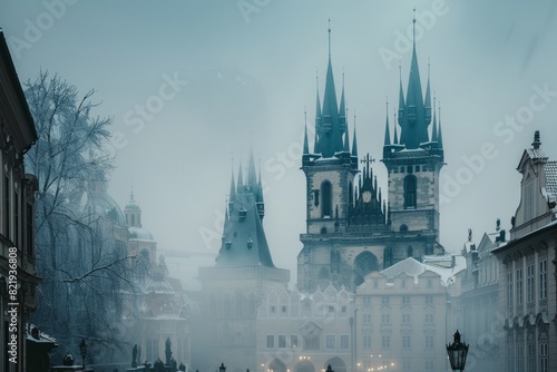 A city street with a grand clock tower standing in the background, set against a cold snowy day in Prague