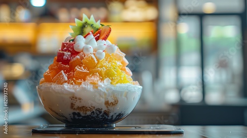 A closeup of a Korean bingsu dessert, showcasing the shaved ice and colorful toppings, set against a modern cafe interior photo