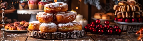 A closeup of a Polish bakerys display of paczki and other pastries, with a cozy, rustic interior and festive decorations photo
