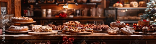 A closeup of a Polish bakerys display of paczki and other pastries  with a cozy  rustic interior and festive decorations