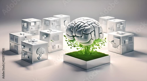 Abstract brain with sprouting plant life, amidst geometric white cubes in white room, Idea for creative presentations and thought provoking imagery