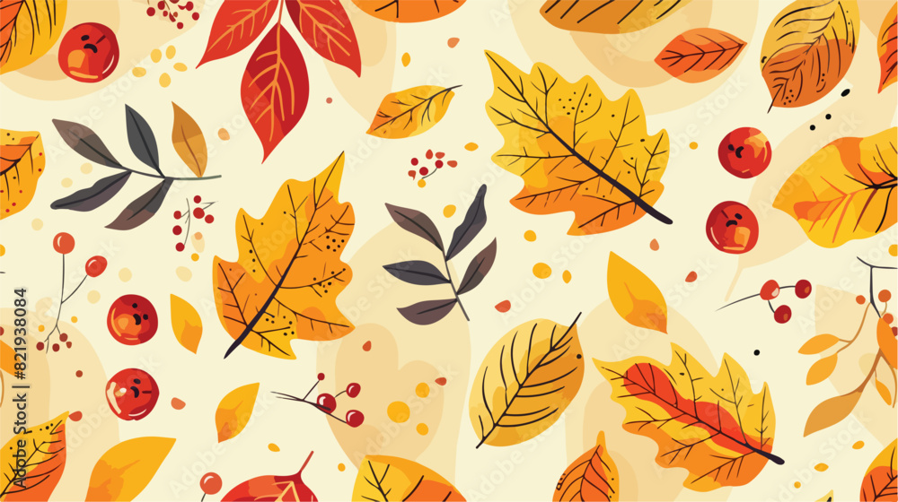 Seamless pattern with autumn leaves fall and red berr