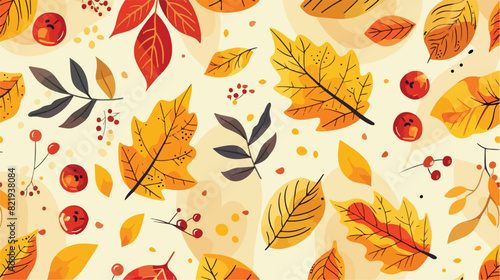 Seamless pattern with autumn leaves fall and red berr