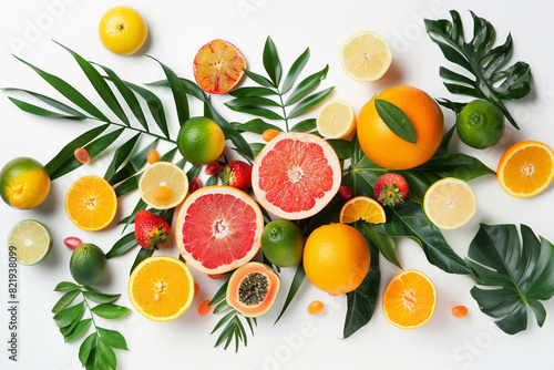 Tropical and Citrus Fruits Arrangement on White Background 