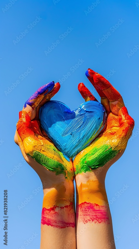 Naklejka premium A closeup of hands painted with rainbow colors forming a heart shape against a blue sky