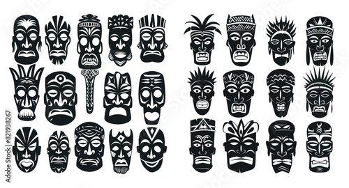 Masks of  gods. Polynesian  idol. Set of black ethnic Aztec or African outlines. Modern isolated silhouette tattoos.