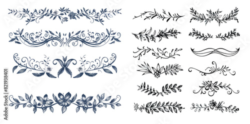 Template modern set with flower border, flourish arrow, foliage wreath, curly branch and design line elements.