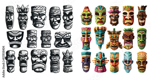 Set of tribal  idols. Polynesian tribal masks. Hawaiian wooden totems. Aztec style retro tattoos.