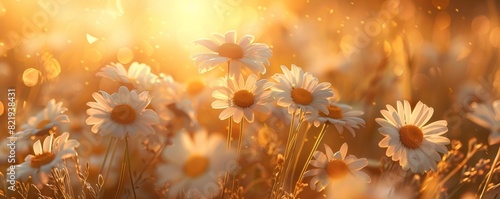 Daisies in a sunlit field with golden hues © tanapat