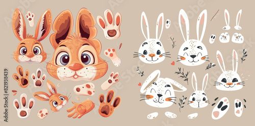 Bunny elements. Cute bunny footprint trail, paws, ears, and faces. Funny bunnies head and muzzle