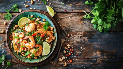 A delicious and healthy meal of shrimp pad thai with fresh vegetables and peanuts.