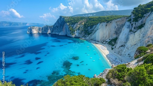 A picturesque view of the Mediterranean coastline with turquoise waters and white sandy beaches 