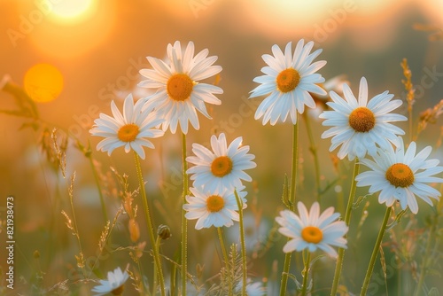 Daisies in a sunkissed meadow at dawn photo