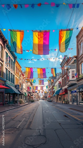 A colorful Pride Month banner hanging over a main street with shops and cafes below © peeradol