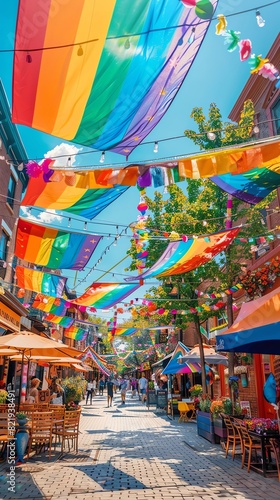A colorful Pride Month banner hanging over a main street with shops and cafes below