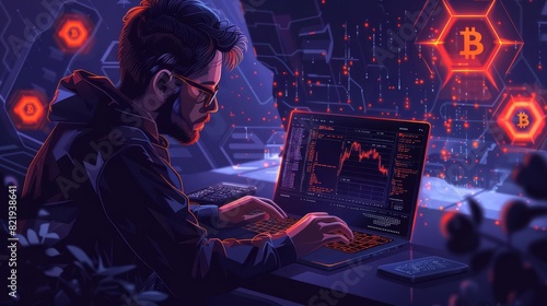 A programmer coding a smart contract on a laptop with blockchain graphics in the background,