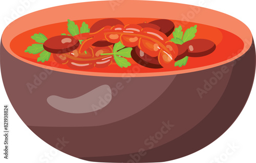 Vector illustration of delicious bean soup garnished with parsley in a brown bowl