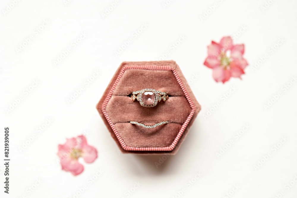 Beautiful diamond ring set in a pink box lies on a white background with flowers. Beautiful diamond ring set in a pink box lies on a white background with flowers.