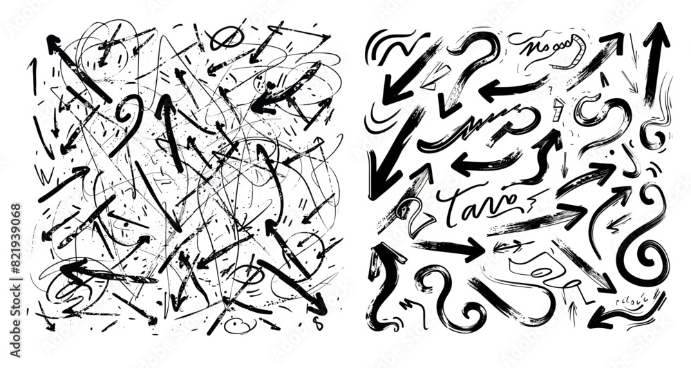 Sketchy doodle arrows. Hand drawn chaos doodling lines and tangles. Chaos route scrawl path concept. Modern set.