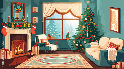 Interior of stylish living room decorated for Christm