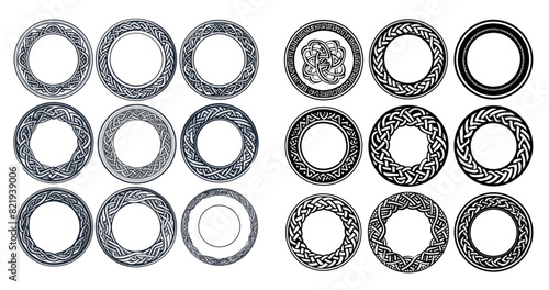 A set of round Celtic frames with knotted braid ornaments and celtic knots. Modern circular patterns set.