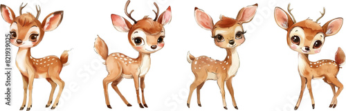 Cute adorable little deer depicted in different png poses. Cute watercolor baby deer on an oiled background. Vector illustration