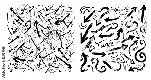 Sketchy doodle arrows. Hand drawn chaos doodling lines and tangles. Chaos route scrawl path concept. Modern set.