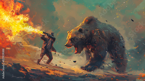 man with a flamethrower fighting with a demon bear, digital art style, illustration painting photo
