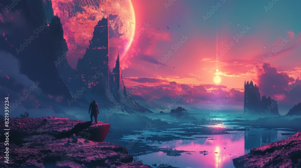An alien landscape under a giant red moon featuring a lone figure on a rocky terrain with distant spires and a serene water body reflecting the vibrant skie An alien landscape under a giant red moon featuring a lone figure on a rocky terrain with distant spires and a serene water body reflecting the vibrant skie