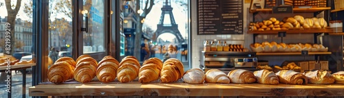 A cozy Parisian bakery with a display of freshly baked baguettes and croissants, with the Eiffel Tower visible through the window
