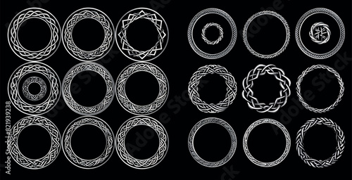 Vintage Celtic round border frames with Celtic knots and knotted braid ornaments. Northern Irish motifs in circular patterns.