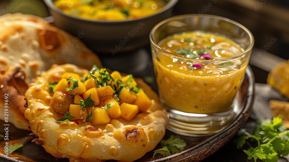 A dish of Indian chole bhature with a glass of mango lassi
