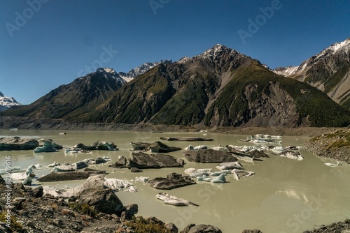 Majestic landscape of Icebergs in Tasman Lake in Aoraki Mt Cook National Park. photo