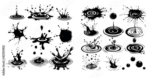  Black liquid shapes, ink drops, falling watering, tear stains, paint spill, spray, wet circle ripples, aqua splatter.