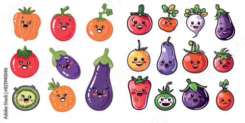 Modern set of cute vegetable stickers with cartoon retro vegetable characters
