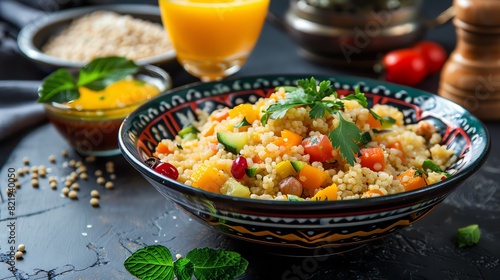 A delicious and healthy bowl of bulgur wheat, vegetables, and fruit. The perfect meal for a light lunch or dinner.