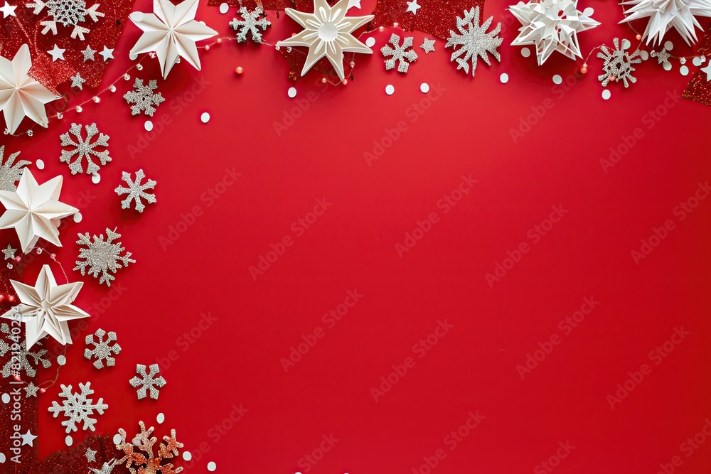 Christmas red background with snowflakes to the side. Merry Christmas and Happy Holidays greeting card, frame, banner. New Year. Noel. White Christmas ornaments top view. Winter holiday xmas theme. Christmas red background with snowflakes to the side. Merry Christmas and Happy Holidays greeting card, frame, banner. New Year. Noel. White Christmas ornaments top view. Winter holiday xmas theme.