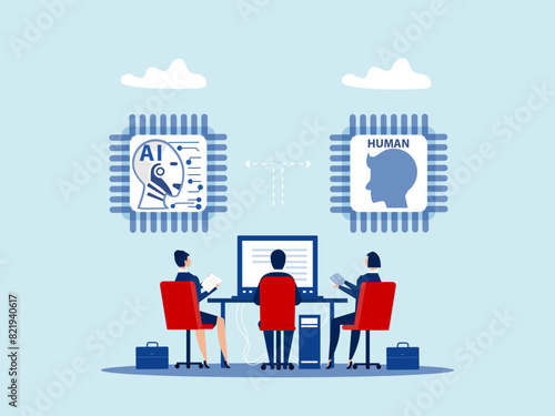Business analysis for confirm between AI artificial intelligence vs human via robot and people. Vector illustrate.